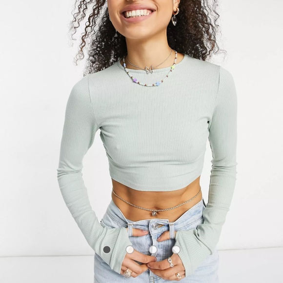 Asos Tops - Asos Design Ribbed Super Crop Top with Thumbhole in Sage